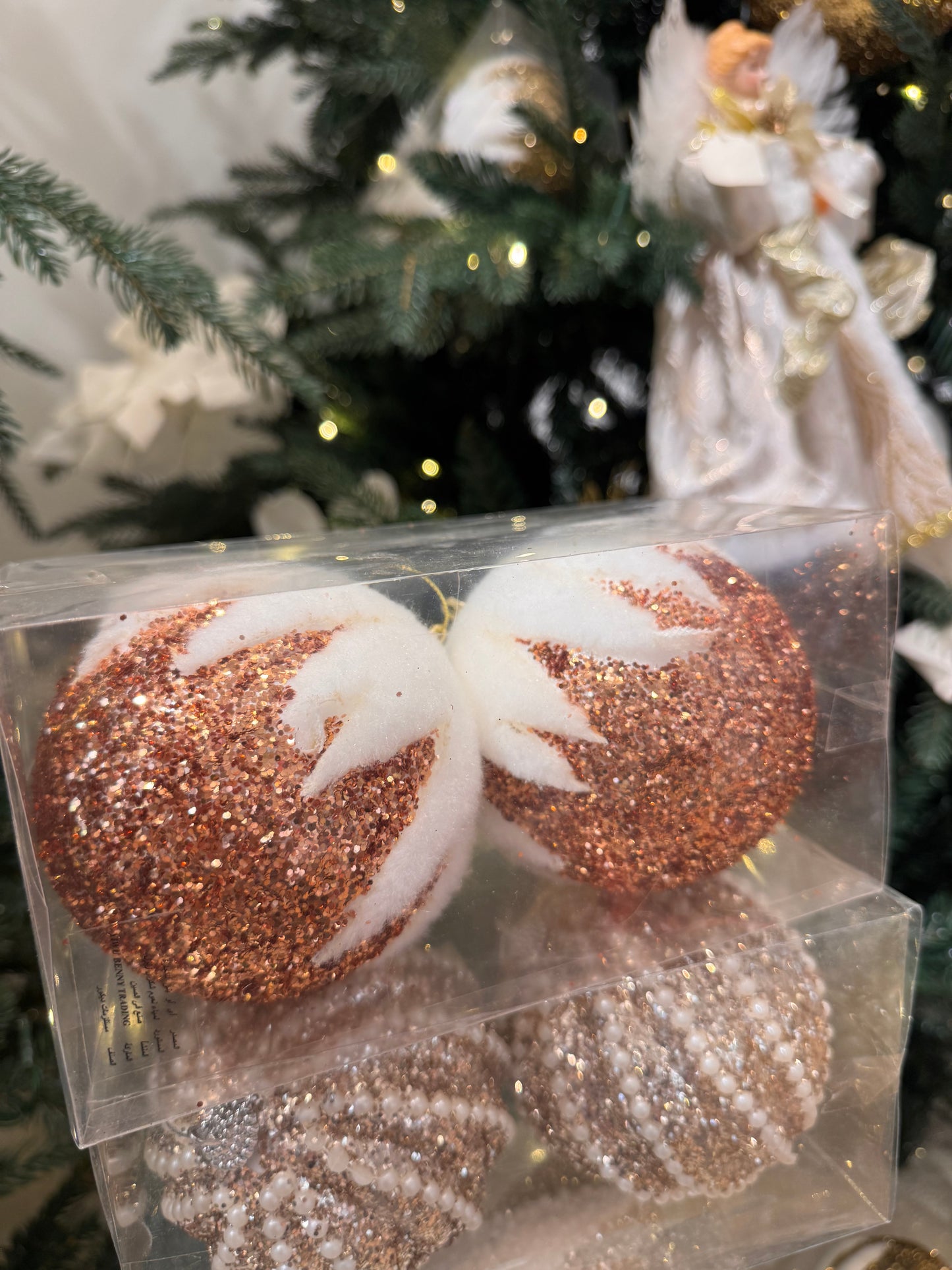 Glitter Baubles With Snowy Effect (Set Of 2) - Rose Gold