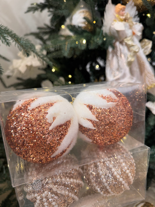 Glitter Baubles With Snowy Effect (Set Of 2) - Rose Gold